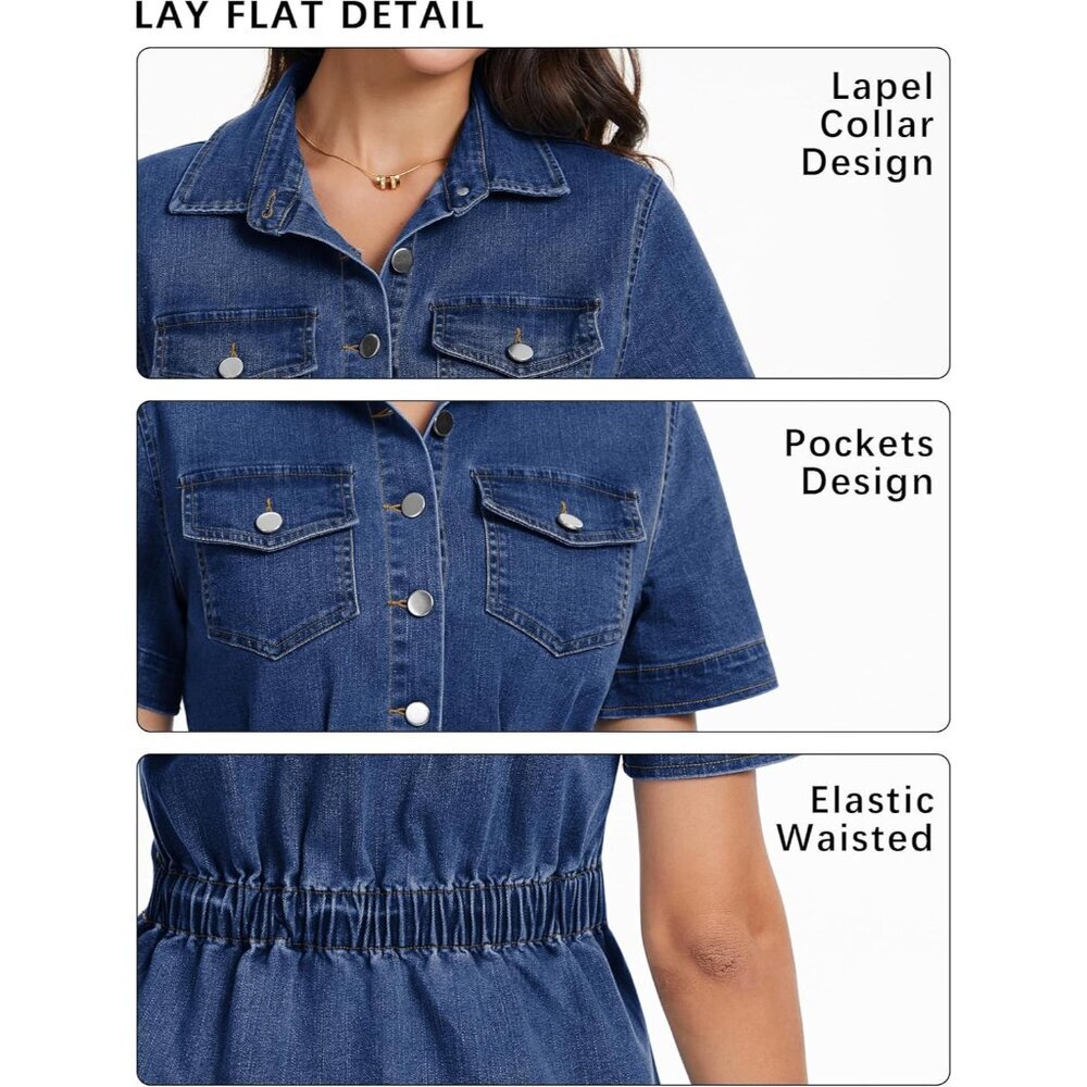 Women Denim Shirt Dress Short Sleeve Stretchy Casual Summer Plus Size - Picture 5 of 5